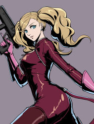 Rule 34 | 1girl, ass, blonde hair, blue eyes, bodysuit, boots, breast zipper, breasts, cowboy shot, earrings, fake tail, gloves, grey background, gun, highres, holding, holding gun, holding weapon, jewelry, kurokawa karasu, long hair, long sleeves, looking at viewer, medium breasts, no mask, parted lips, persona, persona 5, pink gloves, red bodysuit, red footwear, shrug (clothing), solo, submachine gun, swept bangs, tail, takamaki anne, thigh boots, tight clothes, twintails, wavy hair, weapon