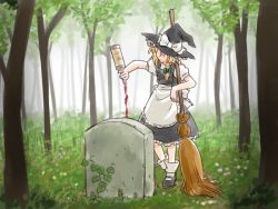 Rule 34 | 1girl, alcohol, bottle, broom, female focus, forest, full body, grave, hat, kirisame marisa, nature, outdoors, pouring, solo, supon, tombstone, touhou, wine, witch, witch hat