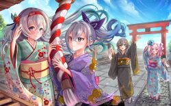 4girls absurdres alternate_costume arm_up blue_eyes blue_kimono camera colored_tips commentary_request firefly_(honkai:_star_rail) full_body green_hair green_kimono grey_eyes grey_hair grey_kimono hairband hatsumoude highres holding holding_camera holding_omikuji honkai:_star_rail honkai_(series) japanese_clothes kimono long_hair march_7th_(honkai:_star_rail) medium_hair multicolored_hair multiple_girls new_year omikuji pink_eyes pink_hair red_hairband silver_wolf_(honkai:_star_rail) stelle_(honkai:_star_rail) tomoe_(pixiv_53856103) torii trailblazer_(honkai:_star_rail) yellow_eyes