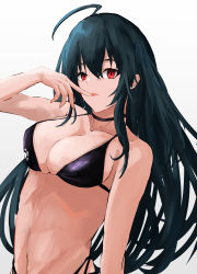 Rule 34 | 1girl, absurdres, ahoge, aokuma (yuuran create), azur lane, bare shoulders, bikini, black bikini, black hair, breasts, cleavage, collarbone, finger to mouth, highres, large breasts, licking, licking finger, long hair, looking at viewer, navel, official alternate costume, race queen, red eyes, solo, stomach, swimsuit, taihou (azur lane), taihou (enraptured companion) (azur lane), white background