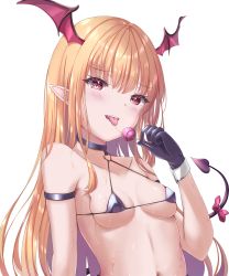 Rule 34 | 1girl, arm strap, bare shoulders, bikini, black bikini, black choker, black gloves, blonde hair, bow, breasts, candy, choker, demon girl, demon tail, food, gloves, granblue fantasy, halterneck, hand up, head wings, highres, holding, lollipop, long hair, looking at viewer, micro bikini, navel, oz-da-yon, pointy ears, red eyes, saliva, saliva trail, skindentation, small breasts, solo, string bikini, sweat, swimsuit, tail, tail bow, tail ornament, tongue, tongue out, transparent background, upper body, vampy, wings