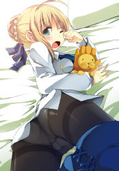 Rule 34 | 1girl, ahoge, artoria pendragon (fate), ass, blonde hair, cameltoe, fate/stay night, fate (series), green eyes, kaisanbutsu, looking back, lying, on stomach, open mouth, panties, panties under pantyhose, pantyhose, saber (fate), solo, stuffed toy, tears, thighband pantyhose, underwear