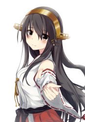 Rule 34 | 10s, 1girl, bare shoulders, black hair, breasts, brown eyes, eyebrows, hair ornament, hairband, hairclip, haruna (kancolle), japanese clothes, kantai collection, long hair, long sleeves, looking to the side, nontraditional miko, red skirt, ribbon-trimmed sleeves, ribbon trim, seki (l0410706268), skirt, solo