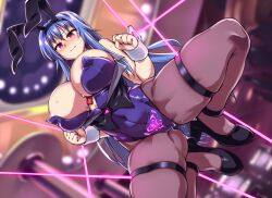 Rule 34 | 1girl, animal ears, areola slip, between breasts, black footwear, blue hair, blue leotard, blurry, blurry background, blush, breasts, closed mouth, commentary request, covered navel, curvy, depth of field, diffraction spikes, dutch angle, fake animal ears, frown, grey pantyhose, grimace, high heels, indoors, large breasts, leotard, long hair, original, pantyhose, playboy bunny, pubic tattoo, purple eyes, pussy juice, rabbit ears, slave tattoo, solo, squatting, strapless, strapless leotard, sweat, tattoo, thigh strap, tomoshibi hidekazu, underbust, very long hair, wrist cuffs