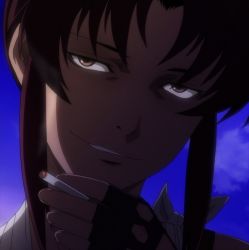 Rule 34 | 1girl, black lagoon, brown hair, cigarette, highres, revy (black lagoon), seductive smile, smile, solo, standing, stitched, third-party edit