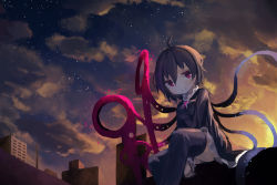Rule 34 | 1girl, absurdres, ahoge, asymmetrical wings, between legs, black dress, black hair, black thighhighs, blurry, building, chii (tsumami tsumamare), city, cloud, commentary, dark, dress, hand between legs, highres, houjuu nue, light particles, looking to the side, purple eyes, ringed eyes, short hair, sitting, sky, smile, solo, star (sky), sunlight, thighhighs, touhou, twilight, wings