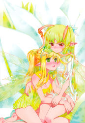 Rule 34 | 2girls, :d, absurdres, antennae, bare legs, blonde hair, blush, breasts, cleavage, fairy, fairy wings, green eyes, green hair, highres, hug, koume keito, light smile, long hair, multiple girls, non-web source, open mouth, original, petals, pointy ears, red eyes, scan, sitting, smile, wings, yuri