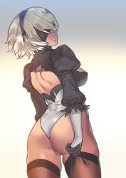 Rule 34 | 1girl, 2b (nier:automata), ass, black gloves, black thighhighs, blindfold, breasts, brown thighhighs, cleavage, covered erect nipples, gloves, hairband, harabacho (gkfkqkch1), leotard, medium breasts, mole, mole under mouth, nier:automata, nier (series), short hair, skindentation, skirt, solo, standing, thighhighs, thighhighs pull, thighs, white gloves, white hair