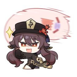Rule 34 | 1girl, black hat, black shorts, brown hair, chibi, chinese clothes, collared coat, floral print, flower, flower-shaped pupils, genshin impact, ghost, hat, hat flower, hu tao (genshin impact), jewelry, long hair, long sleeves, looking at viewer, official art, plum blossoms, porkpie hat, red eyes, shorts, symbol-shaped pupils, talisman, tassel