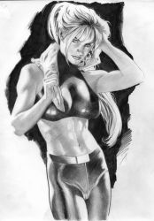 Rule 34 | 1girl, abs, artist request, bare shoulders, breasts, breasts apart, cowboy shot, crop top, graphite (medium), greyscale, halterneck, hand on own head, head tilt, highres, large breasts, legs together, lips, long hair, midriff, monochrome, navel, nose, ponytail, psm, realistic, sarah bryant, sega, simple background, skin tight, solo, standing, toned, towel, traditional media, virtua fighter