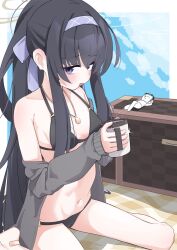 Rule 34 | 1girl, doodle sensei (blue archive), bare shoulders, beach towel, bikini, black bikini, black hair, blue archive, blue eyes, blush, breasts, cardigan, character doll, clothes down, commentary request, cup, furrowed brow, grey cardigan, hairband, halo, highres, holding, holding cup, jewelry, long hair, looking at viewer, navel, official alternate costume, open cardigan, open clothes, open mouth, pendant, ponytail, purple hairband, sensei (blue archive), sideways glance, sitting, small breasts, solo, swimsuit, towel, ui (blue archive), ui (swimsuit) (blue archive), very long hair, wariza, yonketa