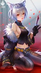 Rule 34 | 1girl, absurdres, amahara subaru, animal ears, black gloves, blood, bloody weapon, blue pants, braid, breasts, chain, fox ears, fox girl, fox tail, french braid, gloves, hair between eyes, half gloves, highres, holding, holding knife, huge filesize, knife, looking at viewer, medium breasts, midriff, navel, orange eyes, original, pants, petals, pool of blood, short hair, sideboob, silver hair, sitting, solo, stomach, tail, tongue, tongue out, wariza, weapon
