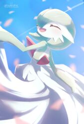 Rule 34 | 1girl, ^ ^, arm up, artist name, back, blue background, blue sky, blush, bob cut, closed eyes, colored skin, contrail, creatures (company), day, female focus, flat chest, from behind, game freak, gardevoir, gen 3 pokemon, green hair, green skin, happy, highres, multicolored skin, nintendo, open mouth, outdoors, petals, pokemon, pokemon (creature), short hair, signature, sky, smile, solo, standing, tsukkon, twitter username, two-tone skin, white skin