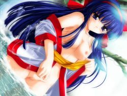 Rule 34 | 1girl, ainu clothes, artist request, blue eyes, blue hair, breasts, censored, japanese clothes, kimono, large breasts, legs, long hair, looking at viewer, nakoruru, nipples, pussy, samurai spirits, snk, solo, thighhighs, thighs, undressing, water