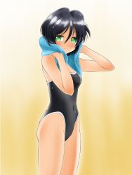 Rule 34 | 1girl, black hair, chaborin, competition swimsuit, green eyes, highleg, highleg swimsuit, one-piece swimsuit, original, short hair, solo, swimsuit, towel
