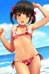 Rule 34 | 1girl, :d, absurdres, arm up, armpits, bare arms, bare shoulders, bikini, black hair, blue sky, blurry, blurry background, blush, bow, breasts, cloud, cloudy sky, collarbone, day, depth of field, floral print, gluteal fold, hair bow, hand up, highres, horizon, matsunaga kouyou, navel, nose blush, ocean, open mouth, original, outdoors, print bikini, red bow, round teeth, side-tie bikini bottom, sky, small breasts, smile, solo, swimsuit, teeth, thigh gap, twintails, upper teeth only, water, white bikini
