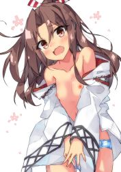 Rule 34 | 1girl, bare shoulders, beritabo, blue panties, blush, breasts, brown eyes, brown hair, cleavage, collarbone, commentary request, floral background, hair between eyes, highres, japanese clothes, kantai collection, kimono, long hair, long sleeves, looking at viewer, navel, nipples, no bra, off shoulder, open clothes, open kimono, open mouth, panties, parted bangs, plaid, plaid panties, ponytail, short hair, simple background, small breasts, solo, strap slip, underwear, uniform, white background, white kimono, wide sleeves, zuihou (kancolle)