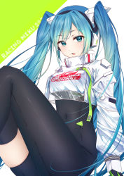 Rule 34 | 1girl, absurdres, aqua eyes, aqua hair, asymmetrical clothes, asymmetrical legwear, blush, bodystocking, bodysuit, breasts, character name, crop top, crop top overhang, drawing kanon, hatsune miku, headphones, highres, knees up, long hair, long sleeves, looking at viewer, medium breasts, navel, official alternate costume, open mouth, race queen, racing miku, racing miku (2022), simple background, solo, twintails, very long hair, vocaloid