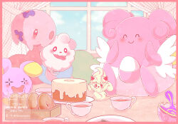 ^_^ alcremie alcremie_(strawberry_sweet) blissey blush border bright_pupils closed_eyes closed_mouth commentary_request creatures_(company) cup curtains fangs food game_freak gen_2_pokemon gen_3_pokemon gen_5_pokemon gen_6_pokemon gen_8_pokemon happy highres indoors munna nintendo pink_border plate pokemon pokemon_(creature) pokemon_focus saharaoekaki sinistea sitting smile swirlix tea teacup tongue tongue_out whismur white_pupils window