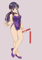 Rule 34 | 1girl, absurdres, alternate costume, bare legs, black eyes, black hair, breasts, chi-chi (dragon ball), chinese clothes, cleavage cutout, closed mouth, clothing cutout, commentary request, dragon ball, full body, highres, holding, holding nunchaku, holding weapon, long hair, mature female, medium breasts, nunchaku, rokoido12, simple background, smile, solo, standing, weapon, wristband