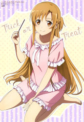 Rule 34 | 1girl, absurdres, asuna (sao), barefoot, between legs, blush, bow, braid, brown eyes, closed mouth, collarbone, copyright name, crown braid, eyebrows, feet, female focus, frilled shirt, frills, hand between legs, highres, holding, light brown hair, long hair, looking at viewer, official art, pink shirt, pink shorts, polka dot, polka dot background, ribbon, seiza, shirt, short shorts, short sleeves, shorts, sidelocks, sitting, smile, solo, striped, striped background, sword art online, toes, trick or treat, very long hair, wariza, white bow