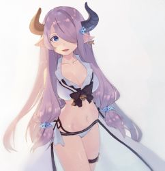 Rule 34 | 1girl, arms behind back, bare shoulders, bikini, blue eyes, breasts, cleavage, earrings, frilled bikini, frills, granblue fantasy, hair ornament, hair over one eye, hairclip, highres, horns, jewelry, kushibi, large breasts, light purple hair, long hair, looking at viewer, narmaya (granblue fantasy), narmaya (summer) (granblue fantasy), open mouth, pointy ears, simple background, single earring, smile, solo, swimsuit, very long hair, white bikini