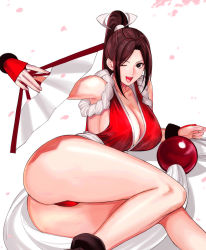 Rule 34 | 1girl, ass, bare shoulders, breasts, brown hair, cleavage, collarbone, commentary request, duplicate, fatal fury, fingernails, hand fan, highres, holding, japanese clothes, large breasts, legs together, long hair, looking at viewer, lying, ninja, on side, one eye closed, open mouth, parted bangs, petals, pixel-perfect duplicate, ponytail, revealing clothes, rope, shadow, shiny skin, shiranui mai, simple background, sleeveless, smile, solo, tetsu (kimuchi), the king of fighters, thighs