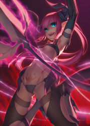 Rule 34 | 1girl, :d, alternate hairstyle, arm up, armor, armored boots, armpits, arms up, aura, bikini, black bikini, black thighhighs, blue eyes, blurry, boots, breasts, commentary request, covered erect nipples, curled horns, depth of field, elizabeth bathory (fate), elizabeth bathory (fate/extra ccc), fate/grand order, fate (series), foreshortening, gluteal fold, horns, knee boots, kneeling, long hair, magic, navel, open mouth, pink hair, pointy ears, polearm, ponytail, pubic tattoo, rotix, sidelocks, small breasts, smile, solo, spear, stomach, swimsuit, tattoo, teeth, thighhighs, torn clothes, torn thighhighs, underboob, very long hair, weapon