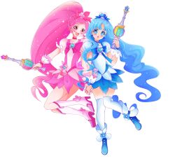 2girls absurdres blue_hair boots commentary cure_blossom cure_marine english_commentary full_body hanasaki_tsubomi heartcatch_precure! high_heel_boots high_heels highres holding kurumi_erika long_hair looking_at_viewer magical_girl multiple_girls pink_hair ponytail precure puffy_short_sleeves puffy_sleeves short_sleeves simple_background skirt smile teruhii white_background