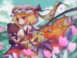 Rule 34 | 1girl, ascot, bat wings, blonde hair, crystal, flandre scarlet, hat, hat ribbon, highres, mob cap, multicolored wings, one side up, puffy short sleeves, puffy sleeves, red eyes, red skirt, red vest, ribbon, short sleeves, side ponytail, skirt, skirt set, solo, touhou, vest, white hat, wings, yellow ascot, yulinlinsansan