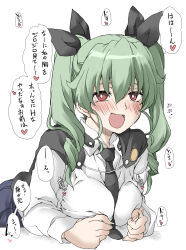 Rule 34 | 1girl, :d, anchovy (girls und panzer), anzio school uniform, between breasts, black cape, black necktie, black ribbon, black skirt, blush, breasts, cape, commentary, dress shirt, drill hair, elbow rest, elf (stroll in the woods), emblem, girls und panzer, green hair, hair ribbon, half-closed eyes, heart, highres, long hair, long sleeves, looking at viewer, lying, necktie, on stomach, open mouth, pleated skirt, red eyes, ribbon, school uniform, shirt, skirt, smile, solo, twin drills, twintails, white shirt