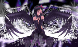 Rule 34 | 10s, 1girl, akemi homura, akuma homura, argyle, argyle clothes, argyle legwear, bad id, bad pixiv id, bare shoulders, black gloves, black hair, black wings, bow, choker, covering own mouth, dress, elbow gloves, feathered wings, gloves, hair bow, hand over own mouth, hand to own mouth, highres, long hair, looking at viewer, mahou shoujo madoka magica, mahou shoujo madoka magica: hangyaku no monogatari, md5 mismatch, outline, paisen, purple eyes, sitting, smile, solo, spoilers, thighhighs, white outline, wings