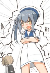 Rule 34 | 2girls, blue sailor collar, cosplay, crossed arms, curse (023), dress, embarrassed, grey hair, hat, hiburi (kancolle), hiburi (kancolle) (cosplay), kantai collection, kasumi (kancolle), long hair, michishio (kancolle), michishio kai ni (kancolle), multiple girls, open mouth, sailor collar, sailor dress, sailor hat, side ponytail, solo focus, white dress, white headwear, yellow eyes