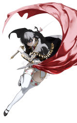 Rule 34 | 1girl, absurdres, black cape, black footwear, black hair, blouse, blue eyes, braid, cape, closed mouth, collared shirt, commentary request, commission, dual wielding, egk513, eyebrows hidden by hair, full body, gold trim, groin, highres, holding, holding sword, holding weapon, knees, knife, korean commentary, leg up, legs, long sleeves, looking at viewer, mary janes, necktie, original, panties, red necktie, shirt, shoes, simple background, skirt, solo, sword, thighhighs, twin braids, underwear, weapon, white background, white panties, white shirt, white skirt, white thighhighs