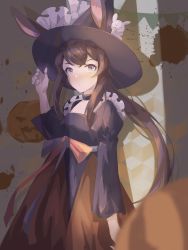 Rule 34 | 1girl, alternate costume, amiya (arknights), arknights, black dress, black hat, blood, blood splatter, blue eyes, blush, brown hair, chinese commentary, commentary request, cotayomengmiao, dress, ears through headwear, hat, highres, jewelry, long hair, looking at viewer, multiple rings, procreate (medium), pumpkin, rabbit girl, ring, sidelocks, solo, stuffed animal, stuffed rabbit, stuffed toy, thumb ring, upper body, very long hair, witch hat