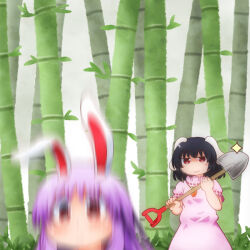 Rule 34 | 2girls, :3, animal ears, bamboo, black hair, blush, clenched hand, closed mouth, commentary request, dress, falling, flat chest, floppy ears, holding, holding shovel, inaba tewi, matty (zuwzi), motion blur, multiple girls, pink dress, puffy short sleeves, puffy sleeves, purple hair, rabbit ears, rabbit girl, red eyes, reisen udongein inaba, short hair, short sleeves, shovel, smile, solo focus, sparkle, touhou, upper body, v-shaped eyebrows