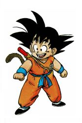 Rule 34 | 1boy, :d, black eyes, black footwear, black hair, clenched hands, clothes writing, dougi, dragon ball, dragon ball (classic), full body, happy, highres, looking away, male focus, ruyi jingu bang, official art, open mouth, short hair, simple background, smile, son goku, spiked hair, standing, tail, toriyama akira, white background, wristband