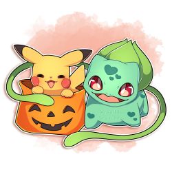 Rule 34 | absurdres, blush stickers, bulbasaur, creatures (company), closed eyes, facing viewer, game freak, gen 1 pokemon, halloween bucket, happy, heart, heart print, highres, looking at viewer, nintendo, no humans, open mouth, pikachu, pokemon, pokemon (creature), red background, red eyes, sevi (seviyummy), smile, watermark, white background