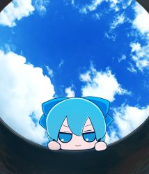 Rule 34 | 1girl, blue bow, blue eyes, blue hair, blue sky, bow, character doll, cirno, cloud, fumo (doll), hair bow, hole, looking at viewer, pov, rei (tonbo0430), short hair, sky, solo, touhou