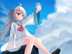 Rule 34 | 1girl, ahoge, atri, atri-my dear moments-, black ribbon, blue sailor collar, blue sky, blush, brown footwear, closed mouth, cloud, commentary request, day, dress, expressionless, eyelashes, feet out of frame, floating hair, hair between eyes, hair ribbon, highres, light brown hair, loafers, long hair, long sleeves, looking afar, nanatsu (na na tsu), neckerchief, no socks, open hand, outdoors, outstretched arm, red eyes, red neckerchief, ribbon, sailor collar, sailor dress, see-through, see-through dress, shiny skin, shoes, short dress, sitting, sky, solo, two side up, very long hair, white dress, wide sleeves