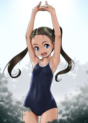 Rule 34 | 1girl, :d, armpits, arms up, bare arms, bare shoulders, black hair, black one-piece swimsuit, blue eyes, blue one-piece swimsuit, blurry, blurry background, blurry foreground, collarbone, commentary request, cowboy shot, forehead, highres, long hair, looking at viewer, one-piece swimsuit, open mouth, original, rohitsuka, school swimsuit, signature, smile, solo, standing, stretching, swimsuit, thighs, twintails