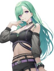 Rule 34 | 1girl, absurdres, bad id, bad pixiv id, bare shoulders, belt, black choker, black nails, black shirt, black shorts, bracelet, breasts, choker, cleavage, cowboy shot, crop top, detached sleeves, ear piercing, earrings, fishnets, garter belt, green hair, hand up, highres, jewelry, lace trim, large breasts, long hair, long sleeves, looking at viewer, midriff, mole, mole on breast, nail polish, nametarou (meron), navel, necklace, open fly, piercing, purple eyes, see-through, see-through sleeves, shirt, short shorts, shorts, simple background, sleeveless, sleeveless shirt, smile, solo, stomach, swept bangs, virtual youtuber, vspo!, white background, yakumo beni, yakumo beni (1st costume)