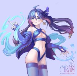Rule 34 | 1girl, ahoge, bare shoulders, bikini, blue bikini, blue eyes, blue gloves, blue hair, blue jacket, bow, breasts, commentary, cowboy shot, criss-cross halter, earrings, fingerless gloves, genshin impact, gloves, gradient hair, grey thighhighs, hair between eyes, hair bow, halterneck, highres, jacket, jewelry, long hair, looking at viewer, miramarin, mona (genshin impact), multicolored hair, navel, no headwear, off shoulder, open clothes, open jacket, purple background, purple bow, purple hair, simple background, small breasts, smile, solo, standing, stomach, swimsuit, thighhighs, thighs, twintails, very long hair