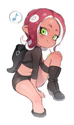 Rule 34 | 1girl, agent 8 (splatoon), backpack, bag, between legs, black footwear, black shirt, black skirt, blush, boots, breasts, brown hair, closed mouth, crop top, dark-skinned female, dark skin, eighth note, forehead, green eyes, hand between legs, hand on own knee, high heel boots, high heels, knee boots, knee up, long hair, long sleeves, midriff, musical note, navel, nintendo, octoling, octoling girl, octoling player character, parted bangs, shirt, simple background, sitting, skirt, small breasts, smile, solo, splatoon (series), splatoon 2, splatoon 2: octo expansion, spoken musical note, tentacle hair, ter (otokoter), thigh strap, white background