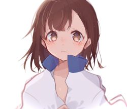 Rule 34 | 1girl, asymmetrical bangs, blush, bob cut, brown eyes, brown hair, collarbone, commentary, covering privates, covering breasts, hair strand, highres, himaneko., jacket, light frown, looking at viewer, misaka mikoto, naked jacket, open clothes, open jacket, popped collar, portrait, raised eyebrows, short hair, simple background, solo, spoilers, tearing up, toaru kagaku no railgun, toaru majutsu no index, track jacket, white background