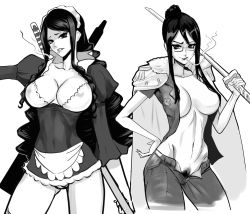 Rule 34 | 2girls, baby 5, black hair, breasts, cigarette, cleavage, covered erect nipples, covered navel, female focus, female pubic hair, glasses, greyscale, hand on own hip, huge breasts, jacket, jacket on shoulders, katana, lips, long hair, looking at viewer, maid, maid headdress, midriff, mikazuki shigure, monochrome, multiple girls, navel, one piece, open clothes, open fly, open shirt, pubic hair, shirt, simple background, smoke, smoking, standing, sword, tashigi, unzipped, very long hair, weapon, white background