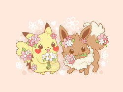 Rule 34 | 2others, :3, blush stickers, commentary, creatures (company), daisy, eevee, english commentary, floral background, flower, flower in mouth, game freak, gen 1 pokemon, hair flower, hair ornament, heart, holding, holding flower, multiple others, nintendo, orange background, pikachu, pokemon, pokemon (creature), samantha whitten, smile, tail, tail flower, tail ornament, watermark