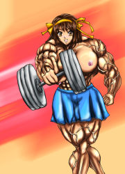 Rule 34 | 1girl, abs, blue skirt, breasts, dumbbell, dutch angle, exercising, extreme muscles, female focus, gradient background, hairband, happy, large breasts, looking at viewer, miniskirt, muscular, nipples, no bra, simple background, skirt, smile, solo, suzumiya haruhi, suzumiya haruhi no yuuutsu, topless, veins, weightlifting, weights