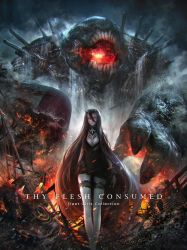 Rule 34 | 10s, 1girl, abyssal ship, bacius, bare shoulders, battleship princess, black dress, black hair, breasts, cleavage, colored skin, cover, cover page, detached collar, dress, english text, fire, horns, kantai collection, long hair, looking at viewer, open mouth, pale skin, red eyes, ruins, short dress, skin-covered horns, solo, spaghetti strap, steaming body, turret, very long hair, white skin