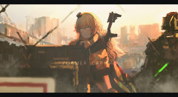 Rule 34 | 1girl, alcxome, blonde hair, blue eyes, closed mouth, curly hair, fabarm sat-8, fluffy, girls&#039; frontline, gloves, gun, hat, highres, landscape, letterboxed, long hair, long sleeves, looking at viewer, s.a.t.8 (girls&#039; frontline), semi-automatic firearm, semi-automatic shotgun, shield module, shotgun, weapon, yellow gloves